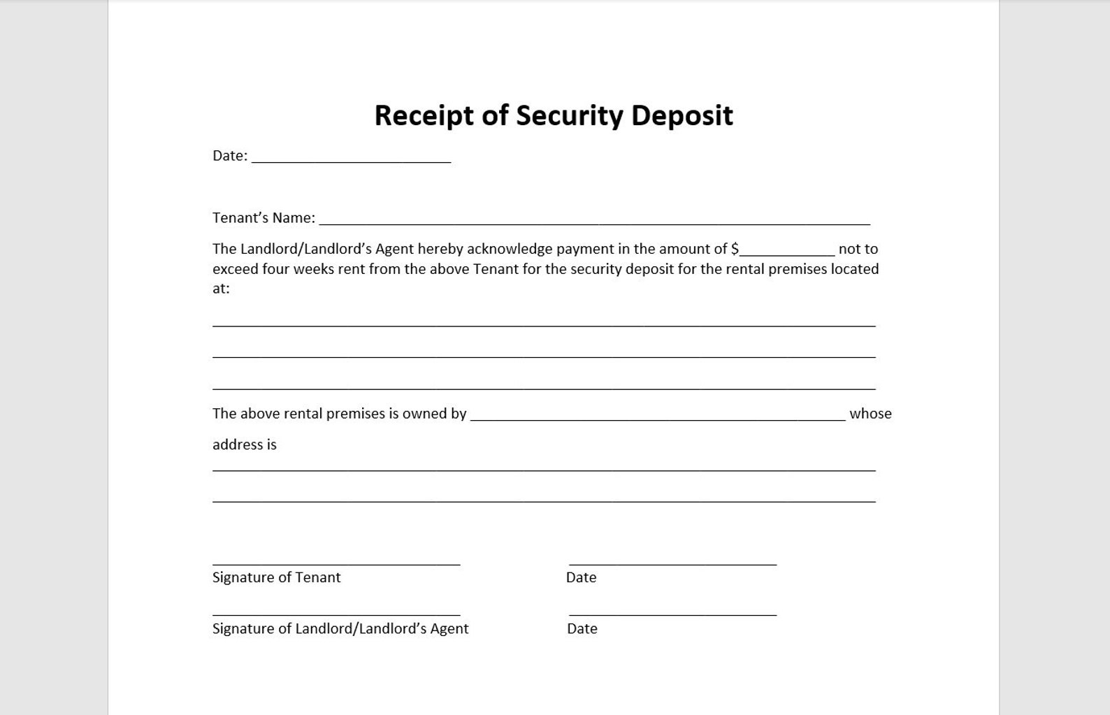 Security Deposit Receipt Form Template, Security Deposit Receipt Form ...