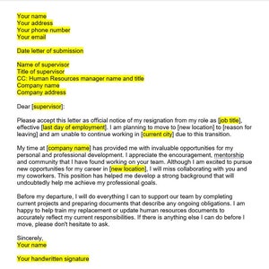 Carta de renuncia de reubicación, Carta de renuncia, Plantilla de renuncia, Plantilla de carta de renuncia, Plantilla de Word, Carta simple