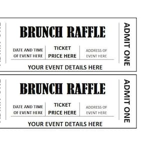 Op de afbeelding: Twee zwart-witte printbare loterijkaartjes met de tekst "BRUNCH RAFFLE" bovenaan. De kaartjes hebben ruimte voor de datum en tijd van het evenement, de ticketprijs en het adres van het evenement. De tekst "ADMIT ONE" staat verticaal gedrukt aan de rechterkant van elk kaartje.