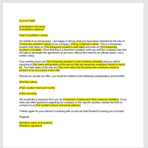 Oferta de trabajo temporal, Carta de oferta de trabajo, Carta de plantilla de oferta de trabajo, Plantilla de oferta de trabajo, Plantilla de palabra, Carta simple, Carta de palabra