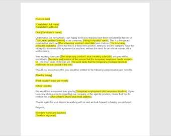 Oferta de trabajo temporal, Carta de oferta de trabajo, Carta de plantilla de oferta de trabajo, Plantilla de oferta de trabajo, Plantilla de palabra, Carta simple, Carta de palabra