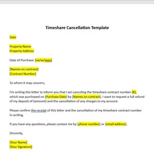 Bearbeitbare Timeshare-Kündigungsvorlage, Timeshare-Kündigungsvorlage, Timeshare-Kündigung, Stornierungsvorlage, Vorlage