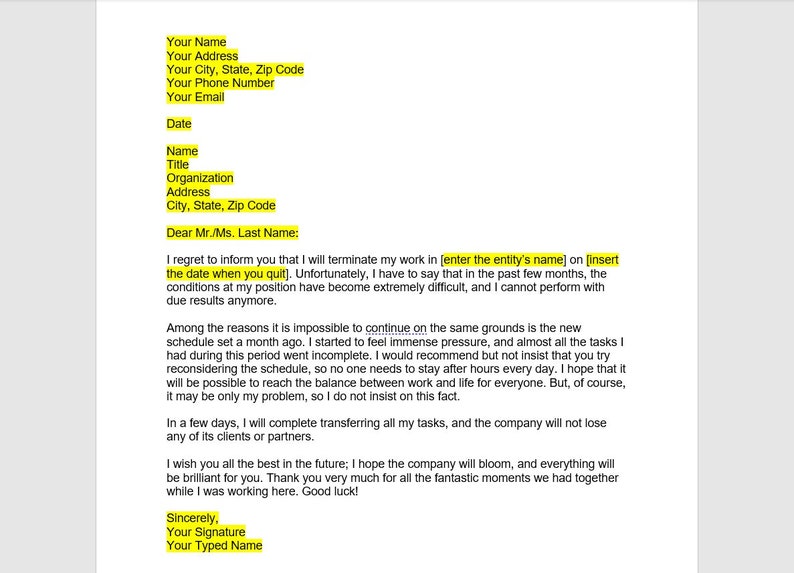 Dissatisfaction Resignation Letter Template Resignation - Etsy