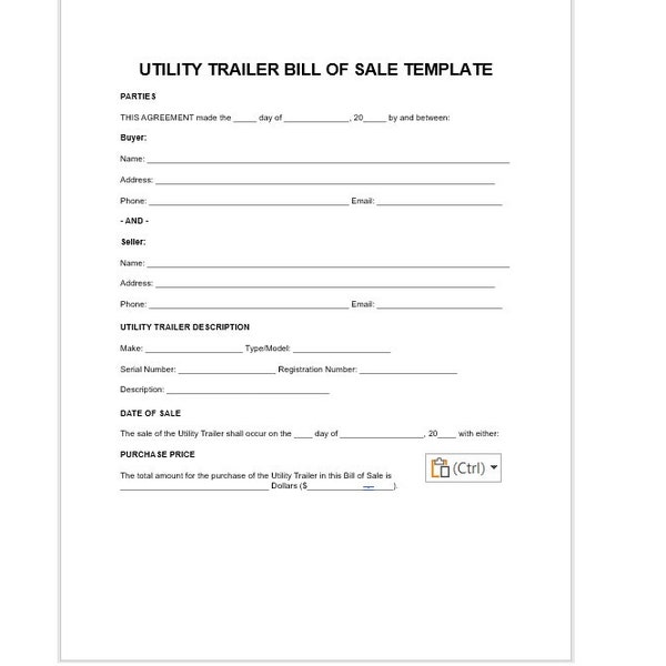 Editable Utility Trailer Bill of Sale Template, Editable Bill of Sale, Bill of Sale, Utility Trailer Sale, Utility Trailer Bill of Sale