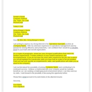 Carta de apresentação de especialistas em operações, modelo de carta de apresentação, carta de apresentação editável, modelo de carta de apresentação, modelo do Word, carta simples