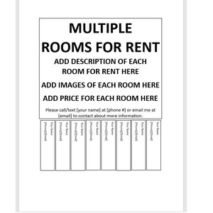 Editable Multiple Rooms For Rent Tear-off Flyer, Tear-off Flyer Template, Multiple Rooms For Rent Advertisement, Advertisement Flyer