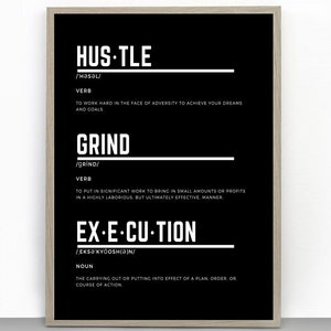May include: Black and white motivational poster with the words "Hustle", "Grind", and "Execution" defined. The poster has a minimalist design with a white background and black text.