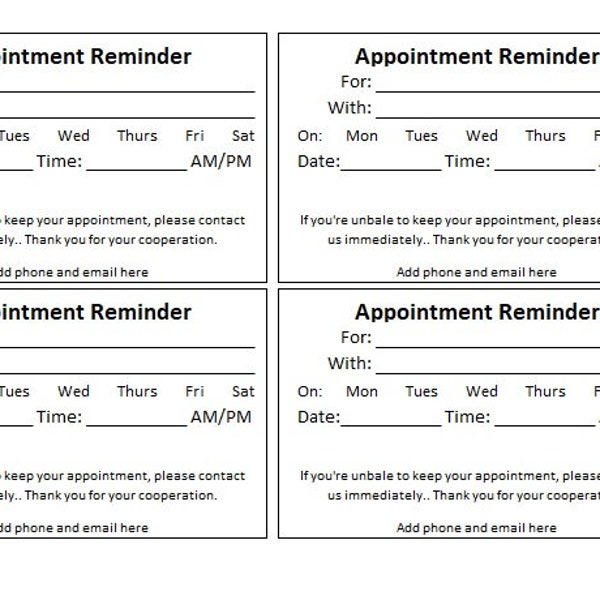 Editable Appointment Reminder Card Template, DIY Editable Cards, Reminder Card Template, Card Template, Word Appointment Card, Template