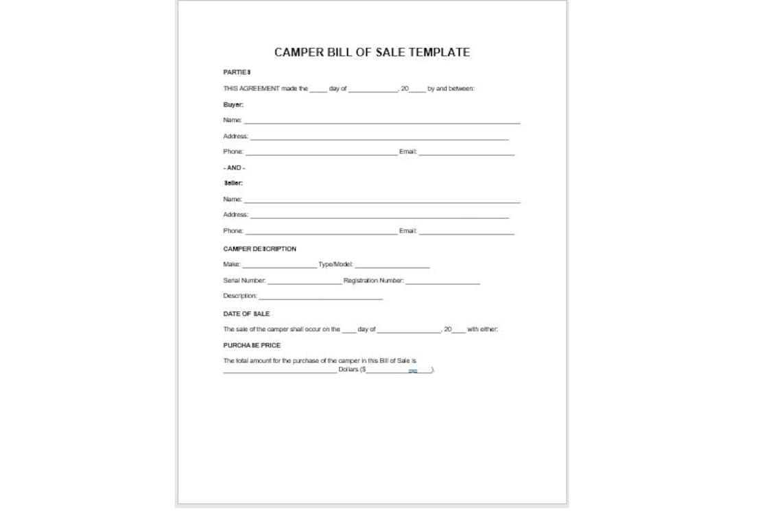 Editable Camper Bill of Sale Template, Editable Bill of Sale, Bill of
