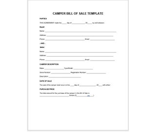 Editable Camper Bill of Sale Template, Editable Bill of Sale, Bill of Sale, Camper Sale, Camper Bill Of Sale