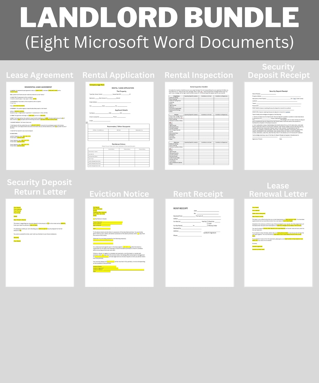 Set of 8 Landlord Template Bundle, Landlord Lease Forms Bundle ...