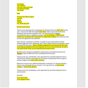 May include: A formal letter requesting financial aid for the [insert year] academic year. The letter explains the need for additional financial assistance due to a change in circumstances since the original application was submitted.