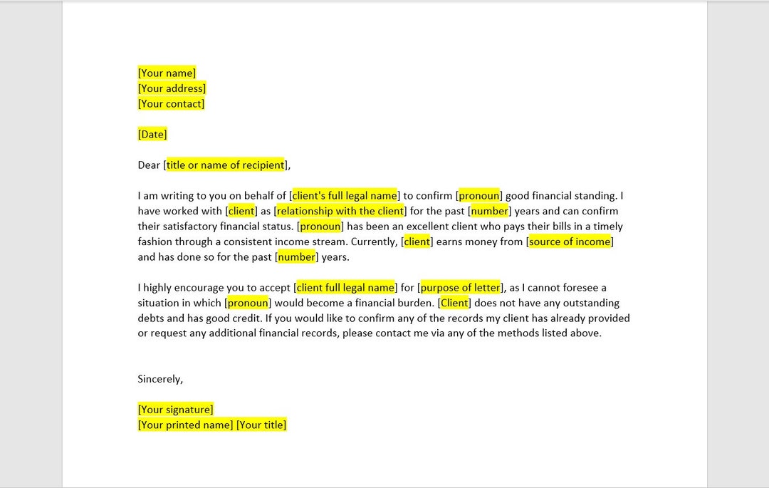 Financial Reference Letter, Financial Reference Letter Template