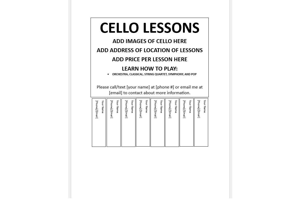 Editable Cello Lessons Tear-off Flyer, Cello Lessons Tear-off Flyer ...