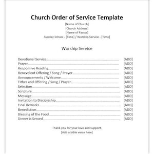 May include: A white Church Order of Service Template with black text. The template includes fields for church information, service times, and a detailed order of worship, including scripture and benediction. The document is designed for easy customization.
