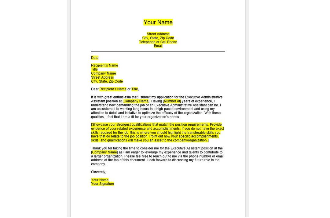 Editable Executive Administrative Assistant Cover Letter, Cover Letter