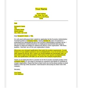 May include: A formal letter of application for an Executive Administrative Assistant position. The letter is addressed to a hiring manager and highlights the applicant's experience and qualifications.