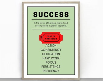 May include: A green and white motivational poster with the word "SUCCESS" in black text. The poster defines success as "the status of having achieved and accomplished a goal or objective."  A red ticket with the words "COST OF ADMISSION" is shown. The ticket lists the following words in black text: ACTION, CONSISTENCY, DEDICATION, HARD WORK, FOCUS, PERSISTENCE, RESILIENCY.