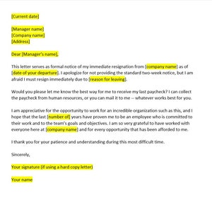 Abrupter Rücktrittsbrief, Rücktrittsbrief, Rücktrittsvorlage, Resignation Letter Template, Word Template, Einfacher Buchstabe