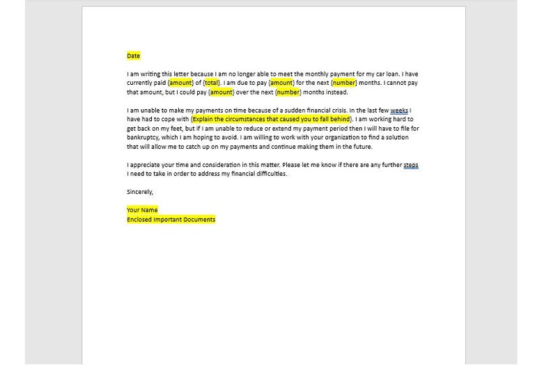 Editable Auto Loan Hardship Letter Template, Hardship Letter Template