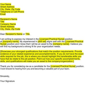 Enfermera práctica con licencia, enfermera LPN, plantilla de carta de presentación, carta de presentación editable, plantilla de carta de presentación, plantilla de Word, descarga instantánea