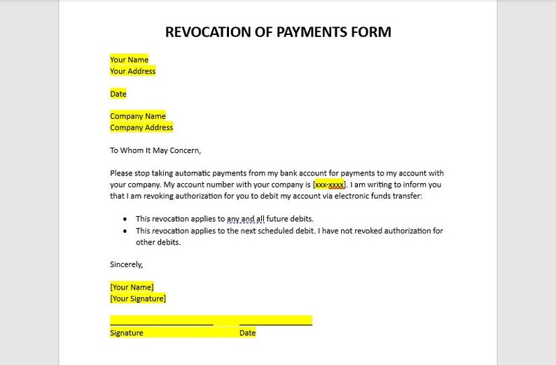 Revocation Notice Form Revocation of Automatic Payments, Revocation of Automatic Payments ...