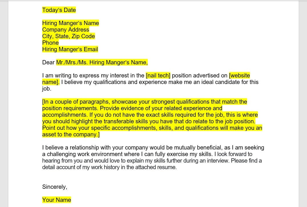 Nail Tech Cover Letter, Cover Letter Template, Editable Cover Letter