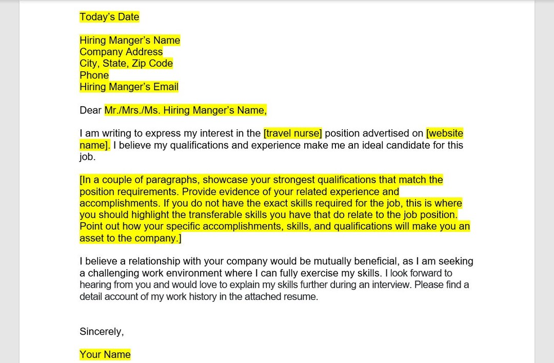 Travel Nurse Cover Letter Cover Letter Template Editable Etsy