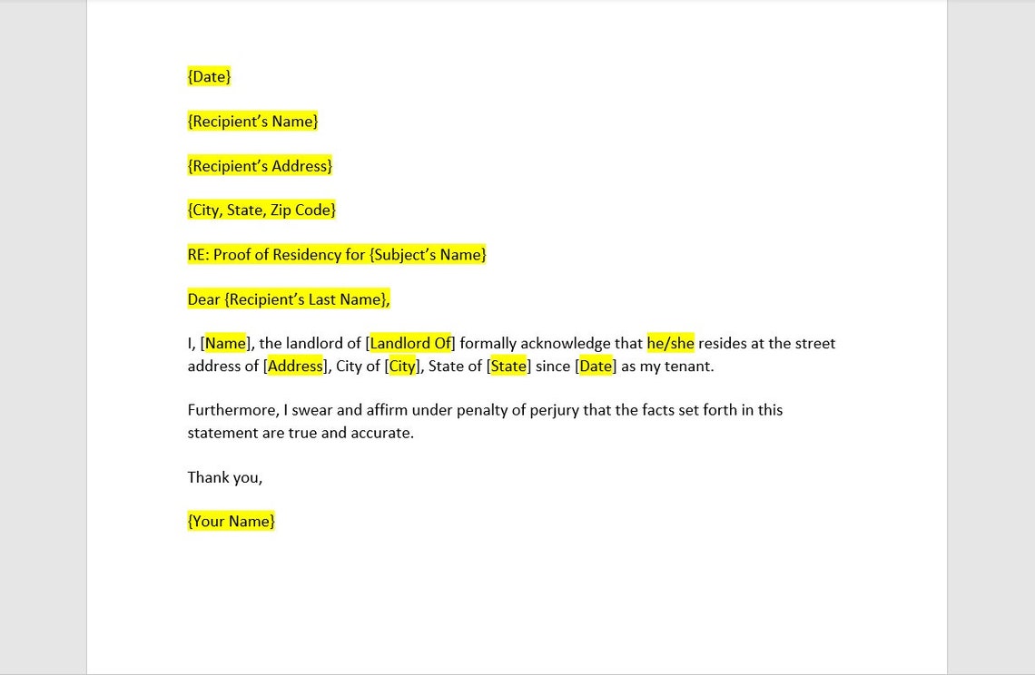 Family Member Proof of Residence Letter Template, Proof of Residency