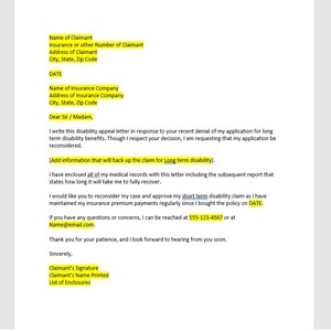Apelación de discapacidad a largo plazo, Carta de discapacidad a largo plazo, Plantilla de carta de discapacidad a largo plazo, Plantilla de carta, Plantilla de Word, Plantilla