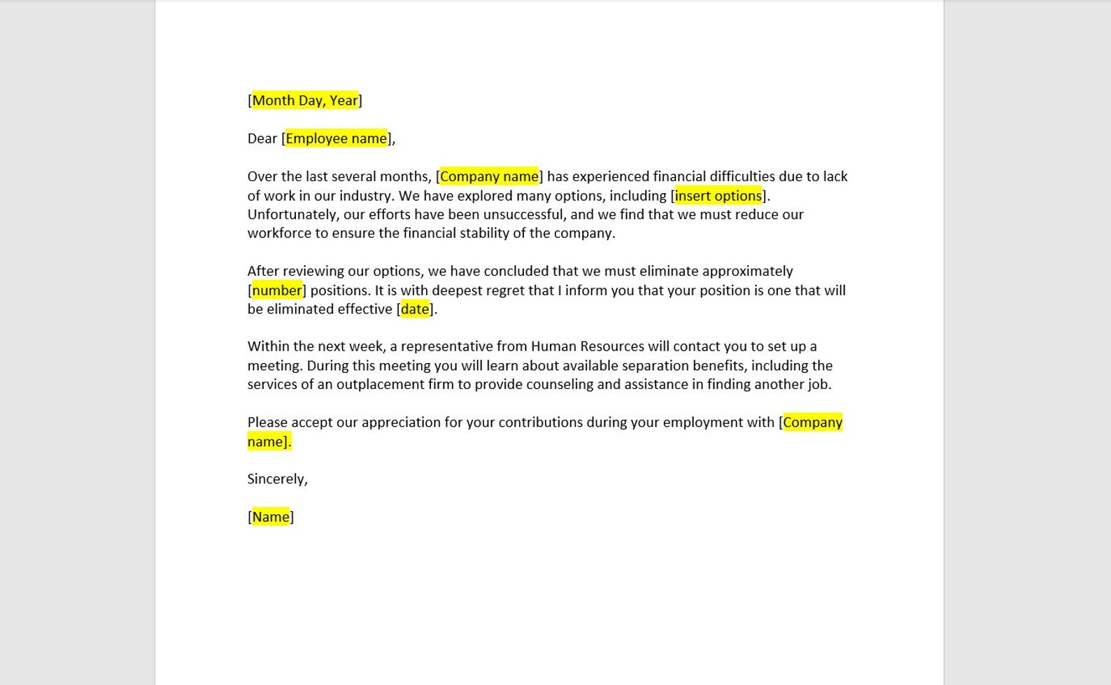 Layoff Letter, Termination Letter Template, Downsizing Letter Layoff Letter, Termination Letter Template, Downsizing Letter