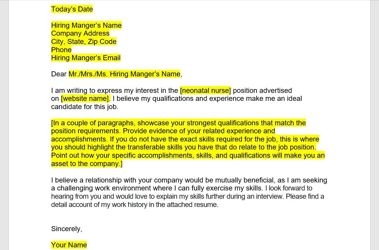 Neonatal Nurse Cover Letter Cover Letter Template Editable - Etsy