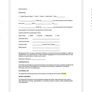 Puede incluir: Un formulario de Contrato de Venta de Silla de Caballo con secciones para la información del comprador y del vendedor, la descripción de la silla de caballo, los términos de venta, el precio de compra y las firmas. El formulario incluye un acuerdo de confidencialidad y una cláusula de acuerdo completo.