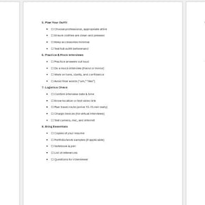 May include: Three white pages with black text outlining an interview prep checklist. The checklist includes sections on researching the company, reviewing your resume, practicing interview questions, and planning your outfit. The text is clear and easy to read.