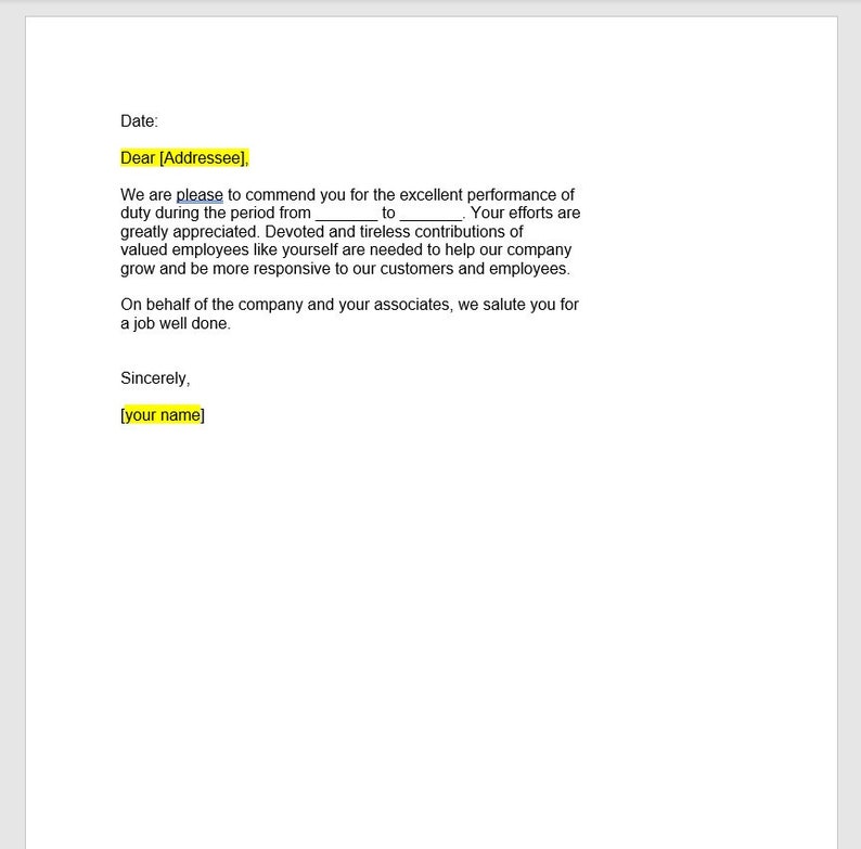 Commendation Letter Template Commendation Letter Etsy Commendation Letter Template Commendation Letter Etsy
