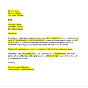 Modelo de carta de custódia em tempo integral, carta de custódia em tempo integral, modelo de custódia em tempo integral, modelo do Word, carta do Word, carta simples