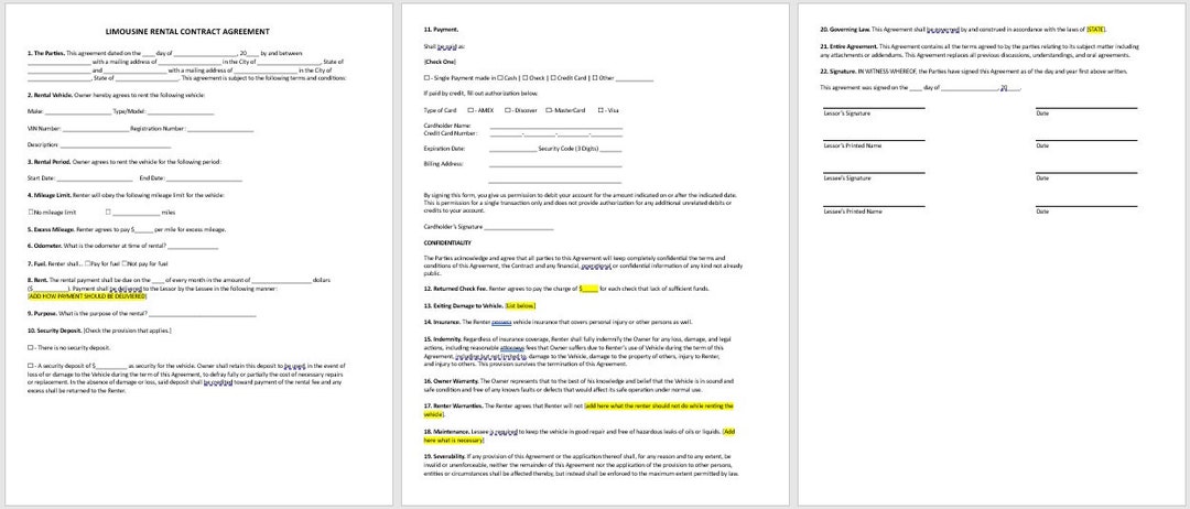 Limo Rental Contract Agreement, Limo Rental Contract Template ...
