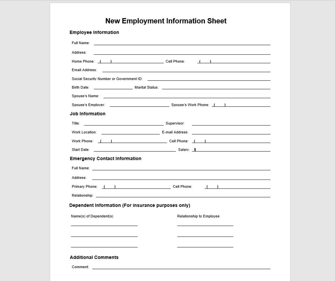 New Employment Information Sheet, Employment Information Sheet Template