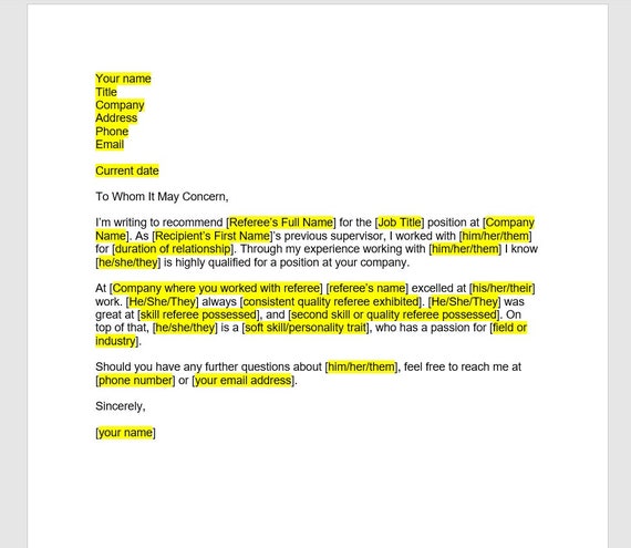 Reference Letter Template Employee Reference Letter - Etsy Canada