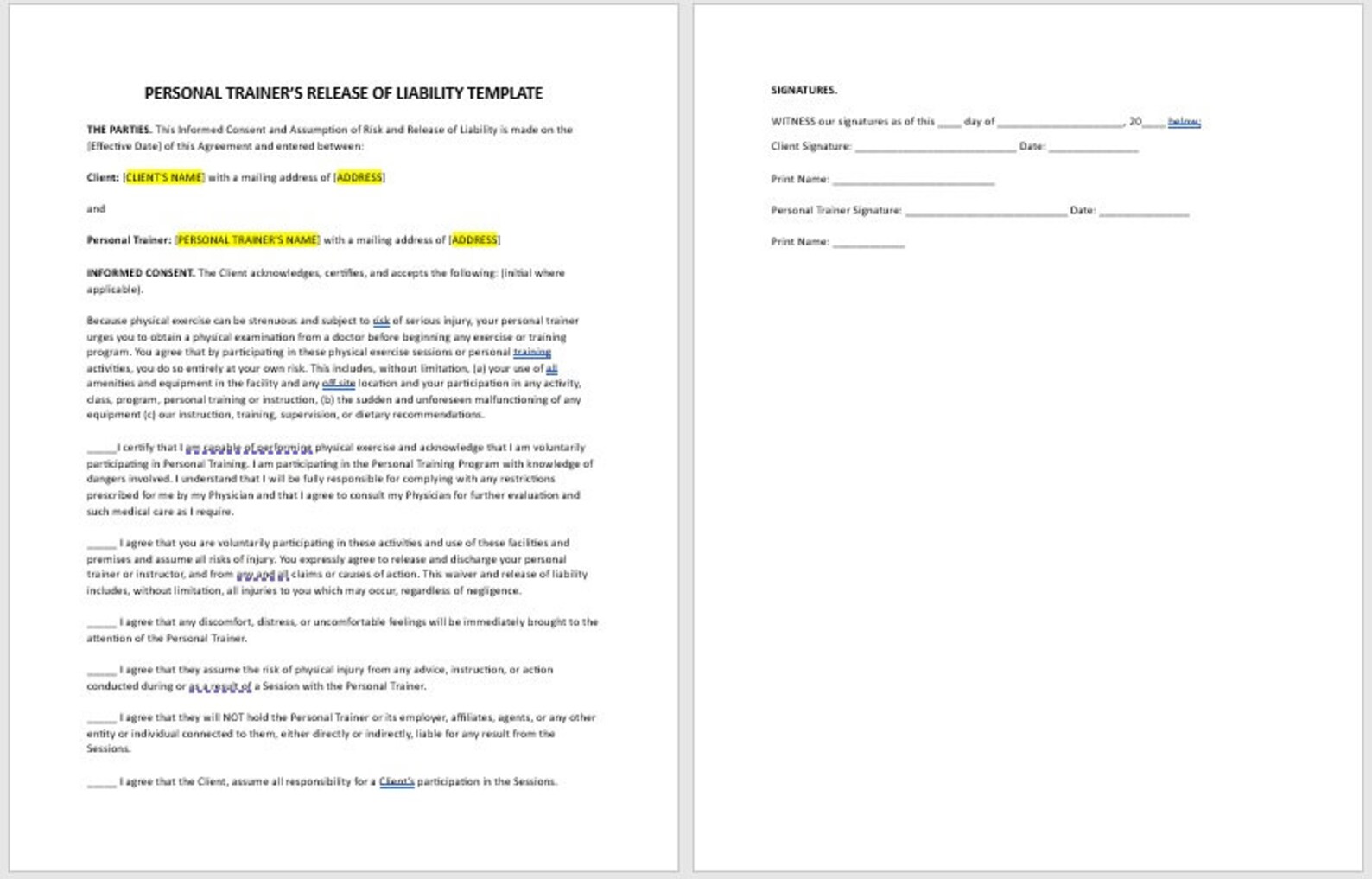 Editable Personal Trainer Release of Liability, Release of Liability ...