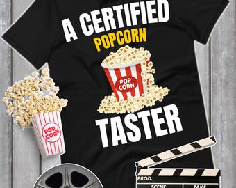 Assaggiatore di popcorn certificato, amante del cinema, maglietta con snack da film, maglietta con design di popcorn, maglietta con cibo, regalo per gli amanti del cinema, maglietta per la serata cinema
