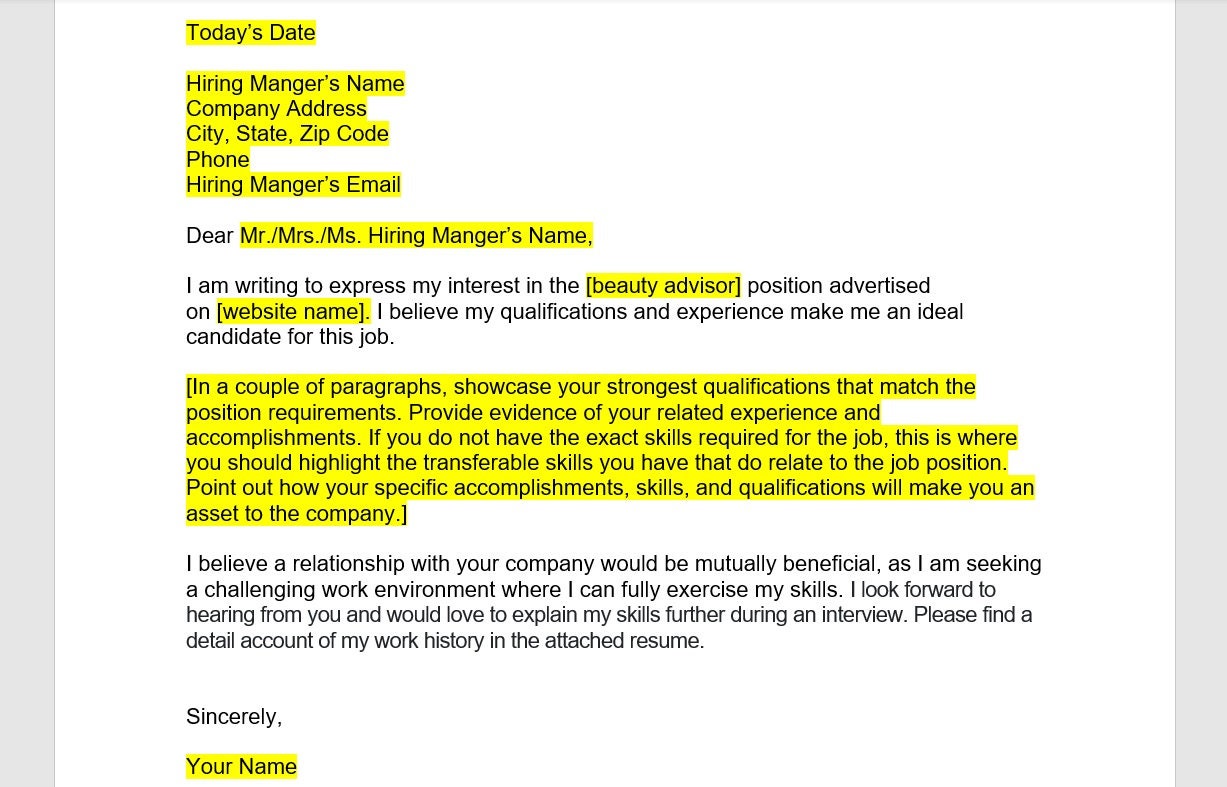 Beauty Advisor Cover Letter Cover Letter Template Editable Etsy