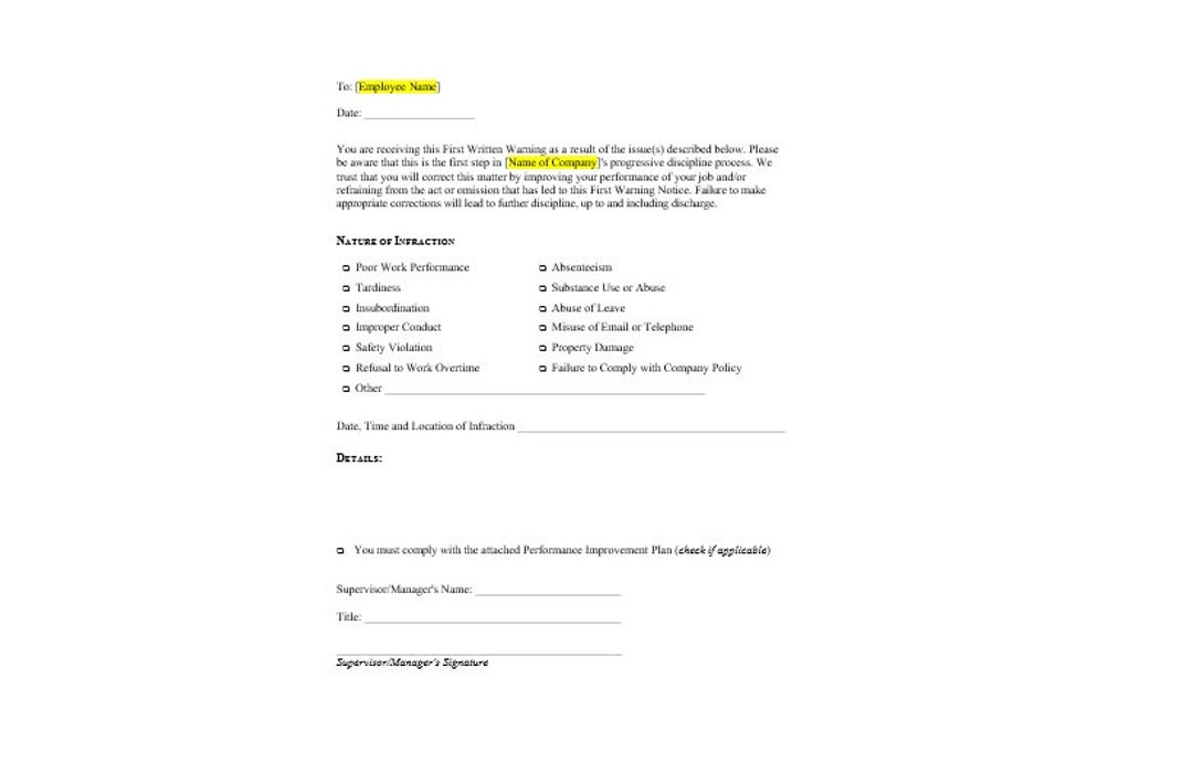 First Written Warning Letter Employee Warning Letter Template 