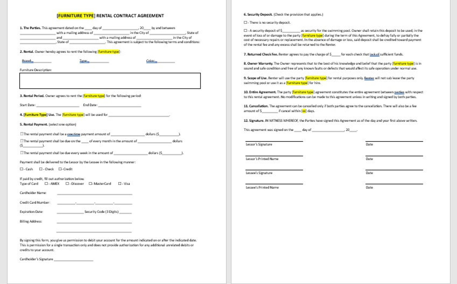 Editable Furniture Rental Contract Agreement, Furniture Rental Contract Editable Furniture Rental Contract Agreement, Furniture Rental Contract