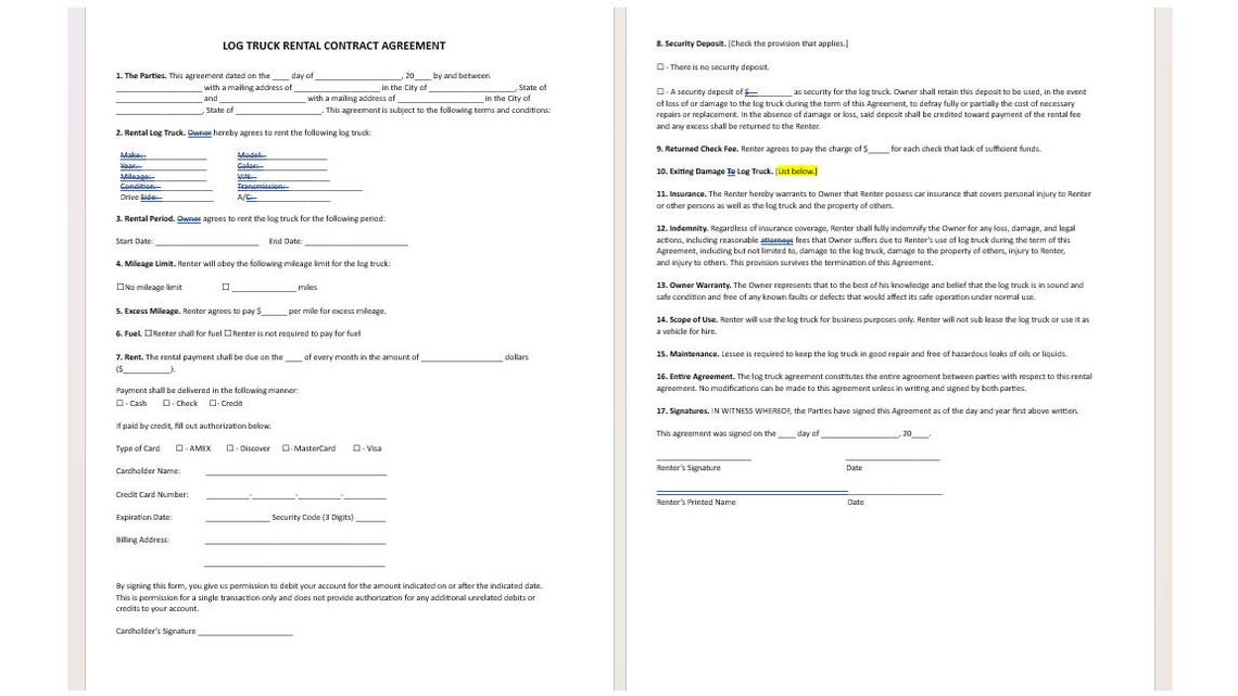 Logging Contracts Logging Truck Rental Contract Agreement, Truck Rental Contract Template ...