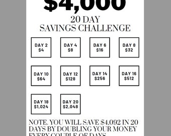 20 Day Savings Challenge, Save 4000 in 20 Days, Savings Planner, Savings Tracker, Money Saving Challenge Printable, Printable Tracker