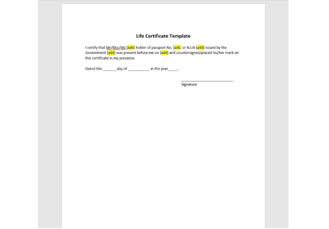 Proof of Life Form, Life Certificate Form Template, Life Certificate