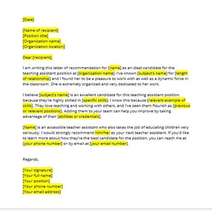 Plantilla de carta de recomendación de asistente de maestro, Carta de recomendación de asistente de maestro, Plantilla de recomendación de asistente de maestro