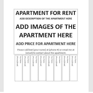 Può includere: Un modello di annuncio di affitto di appartamento stampabile in bianco e nero. Il modello include spazio per una descrizione, immagini, prezzo e informazioni di contatto.