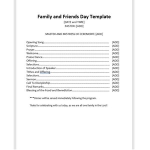 Plantilla editable para el programa del Día de la Familia y los Amigos de la Iglesia, programa para el Día de la Familia y los Amigos de la Iglesia, servicio religioso, plantilla de Word, plantilla